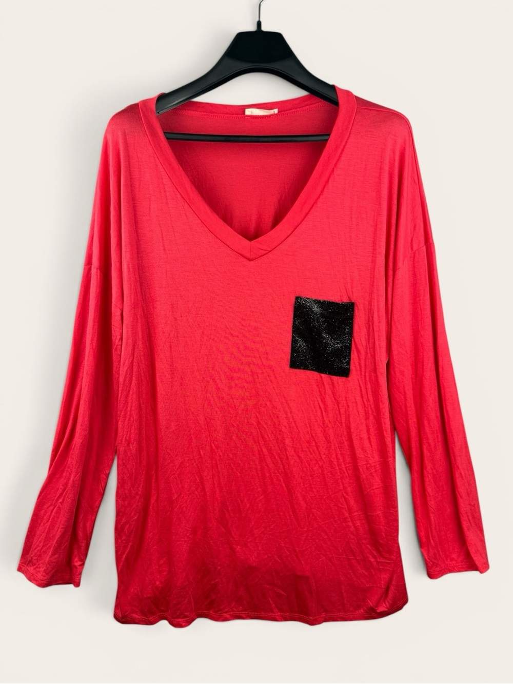 Women’s V-Neck Long Sleeve Top with Sequin Contrast Pocket - Red Coral 2X